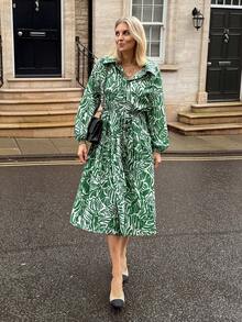 Vivie Lora Women's Green Mid-Length Waist Cinched Crew Neck Dress Vacation Maxi Dress - Green - View 3