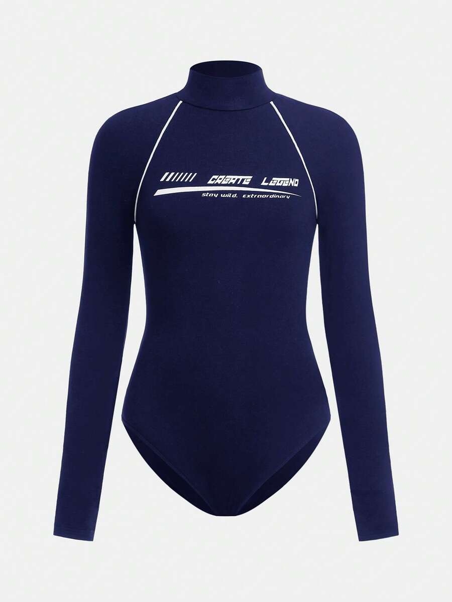 SHEIN Girlism Tween Girl Casual Street Chic Slayr Knit High Stretch Mock Neck Long Sleeve Fitted Jumpsuit - Navy Blue - View 1