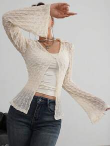 Aidyla Apricot Adjustable Strap + Jacquard Long Sleeve Cardigan Sexy 2 Pieces Outfit For Going Out & Dates - Apricot - View 5