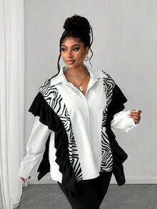 Maweii Plus Size Women Patchwork Zebra Print Ruffle Hem Loose Fashion Blouse - White - View 1