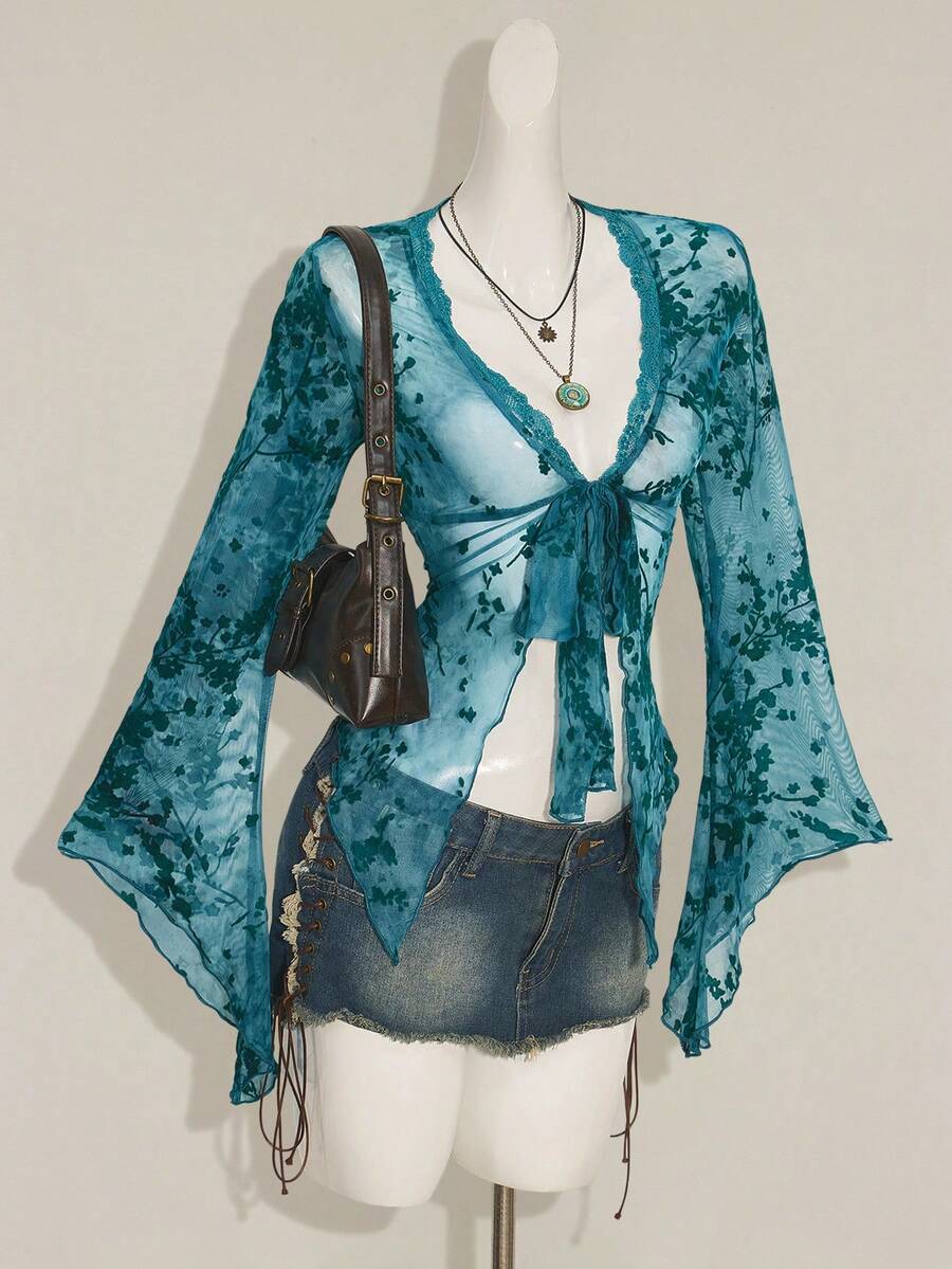 SHEIN ICON Asymmetrical Hem Flare Sleeve Vintage Flocked Mesh Sheer Cardigan For Women - Blue - View 1