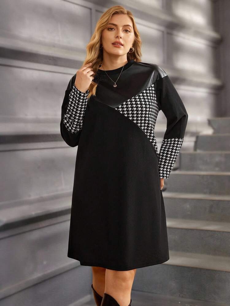 Plus Size Fashionable Commuter Houndstooth Patchwork Long Sleeve Dress, Christmas Party, Christmas Women's Clothing, Elegant For Dress Party, Plaid, Autumn/Winter,2025 New, Thanksgiving, Thanksgiving Outfit For Women, Clothes For New Year Christmas Clothes Elegant Dress Women Winter Clothes For Women Cozy Fall And Winter Clothes For Women Christmas Pajamas Christmas Clothes New Year Clothes Winter Clothes For Women