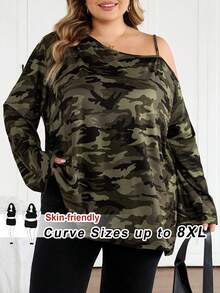 SHEIN CURVE+ 大码女式迷彩印花斜肩长袖宽松休闲T恤 - 彩色 - 查看 1