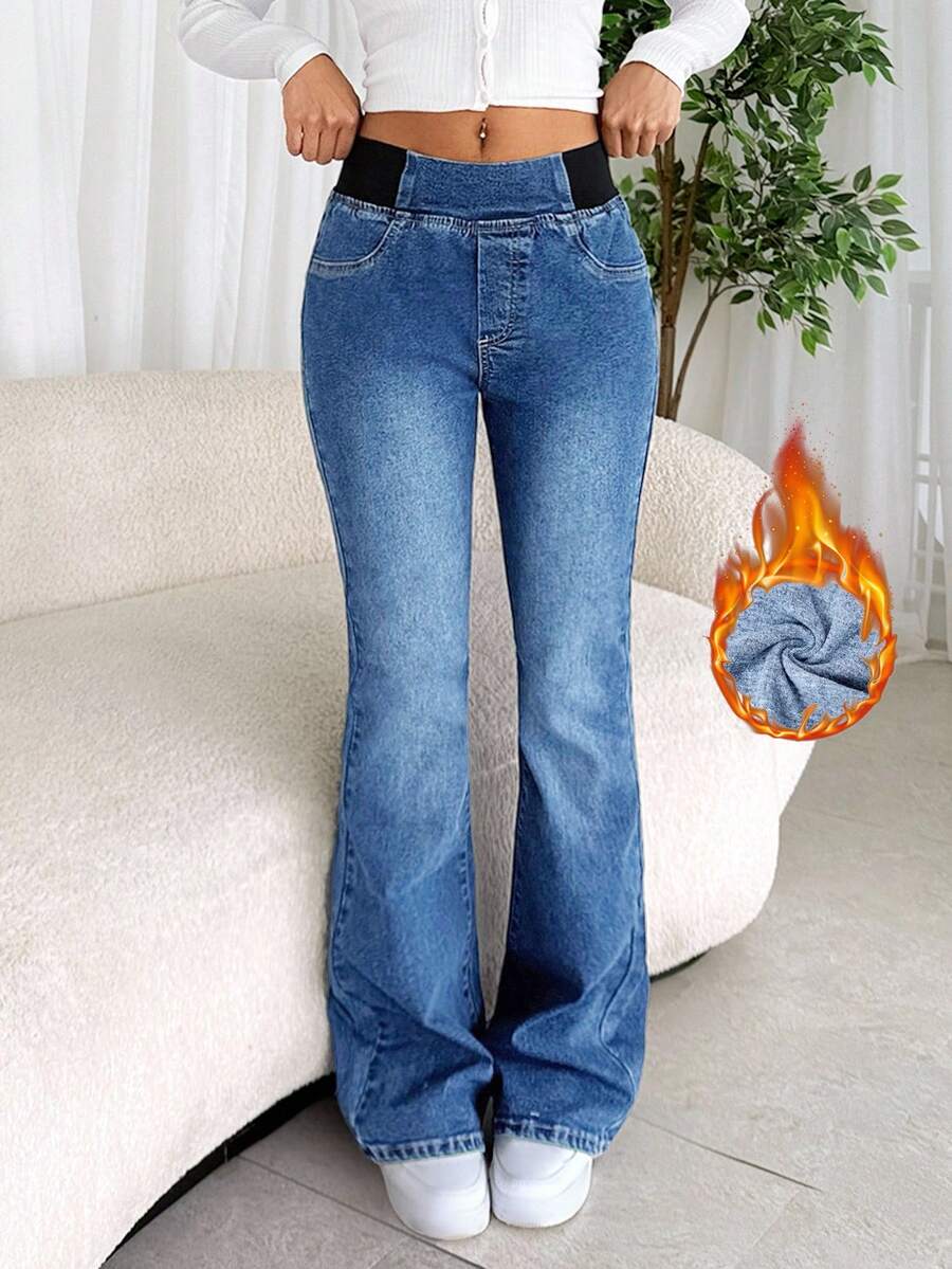 SHEIN Tall Women's Jeans Casual Skinny Stretch Flared Pants Blue Skinny Jeans High Waist Flared Pants Tall Women's Jeans , Autumn And Winter Thermal Lined Denim Jeans - Medium Wash - View 1