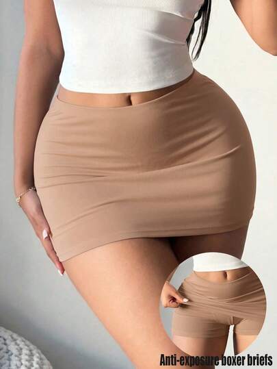SHEIN SXY Plus Size Women's Solid Color Basic Khaki Sexy Casual Mini Bodycon Skirt (With Leggings)