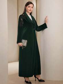 Al Najma 女士优雅亮片装饰阿拉伯风格长袍，秋季款，端庄优雅的天鹅绒长袍，带纽扣，适合晚宴/婚礼宾客/周年纪念日穿着 - 墨綠色 - 查看 4