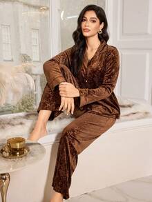 LuxeNights Women's Elegant Casual Loose Velvet Embossed Collar Long Sleeve Pajama Set Brown Night Wear, Winter Clothes - Multicolor - View 6