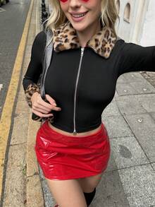 SHEIN EZwear 女式春秋豹纹拼接羊毛翻领长袖前拉链修身夹克 - 黑色 - 查看 4