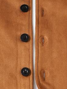 Teen Girl Contrast Color Block Collar Long Sleeve Drop Shoulder Front Button Casual Versatile Jacket - Brown - View 5