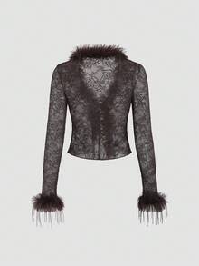 SHEIN Unity Áo ren mỏng gợi cảm có dây buộc eo chắp vá mềm mại dành cho nữ Y2K - Cà phê nâu - Xem 2