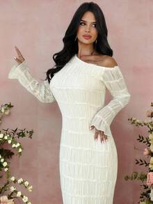 Firerie Đầm ôm sát tay dài màu mơ, thanh lịch, quyến rũ, tối giản, phù hợp mặc hàng ngày, hẹn hò, tiệc tùng, trang trọng, thời trang mới, vai chéo, chất liệu vải kết cấu, dành cho nữ, mùa thu/đông - Màu be - Xem 3