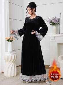 Al Najma 女士天鹅绒水钻荷叶边A字优雅时尚连衣裙，秋冬款 - 黑色 - 查看 7