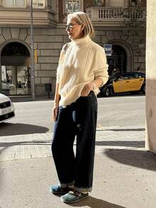 Vivie Lora Sweater Rajut Kabel Lengan Raglan Kerah Tinggi Longgar Kasual Wanita, Musim Gugur/Dingin - Aprikot - View 2