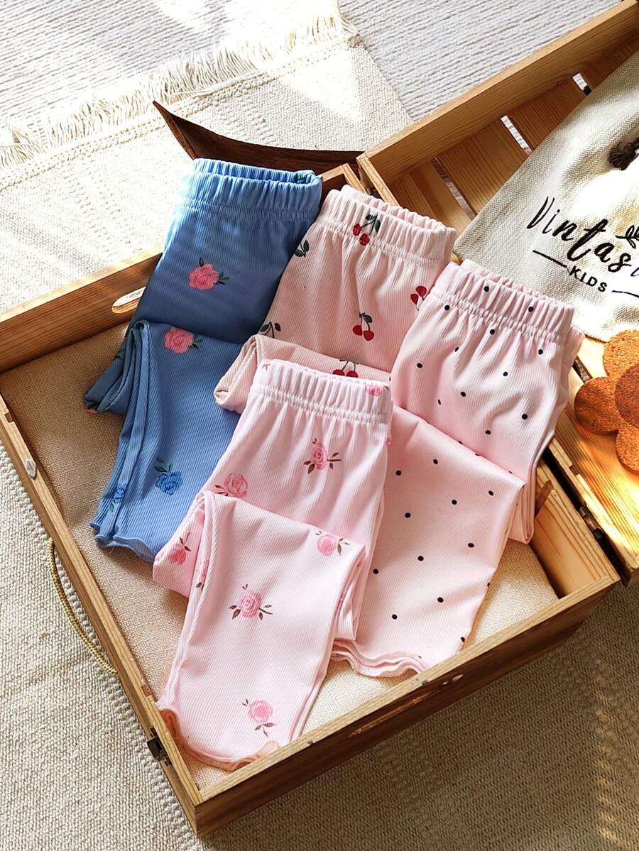 Vintaside Kids Bộ 4 quần dài in họa tiết hoa và quả anh đào dễ thương cho bé gái, thích hợp mặc trong nhà và ngoài trời, mặc hàng ngày, mặc vào mùa xuân, mùa hè, mùa thu, mùa đông - Nhiều màu - Xem 1