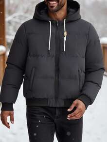 Manfinity VCAY Men's Solid Color Zip Front Drawstring Hooded Casual Winter Long Sleeve Coat Streetwear Y2k - Black - View 3