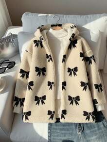 Sparklyn Tween 女童休闲百搭蝴蝶结提花羊毛连帽长款开衫，适合居家、上学、日常穿着、秋冬季 - 杏色 - 查看 7