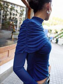 Maija Navy Blue Pleated Mock Neck Sheer Blouse, Modern Urban Casual & Comfortable, Autumn/Winter Dark Blue Top Women Long Sleeve Tops Turtle Neck Top Blue Long Sleeve Top - Navy Blue - View 3