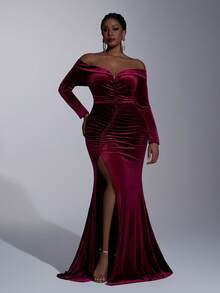 Aureia فستان أنيق فاخر من الفلفت الكوري باللون البرغندي، كتف مكشوف، أكمام طويلة، مطوي من الجانب، شق عالي، ذيل سمكة مع ذيل، مناسب لحفلات المساء، حفلات العزاب، المواعدة، الحفلات الراقصة، الزفاف، والمناسبات الرسمية