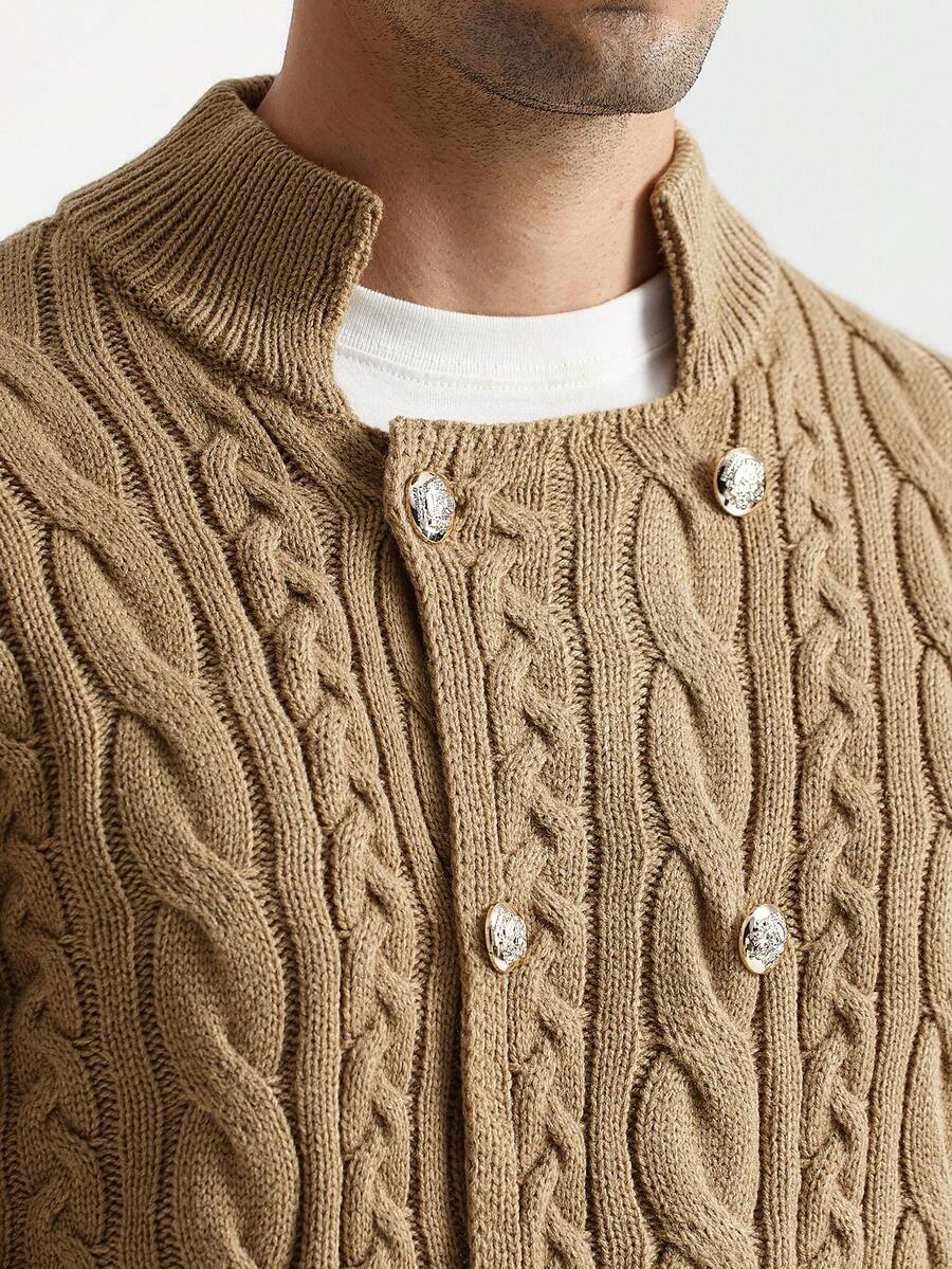 Manfinity Homme Cárdigan de punto de cable de doble botonadura de unicolor casual y para uso diario, otoño/invierno para hombres - Amarillo - Ver 1