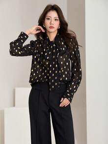 Heiryn Women's Elegant Chiffon Foil Print Lantern Sleeve Loose Blouse, Suitable For Work And Commute - Black - View 2