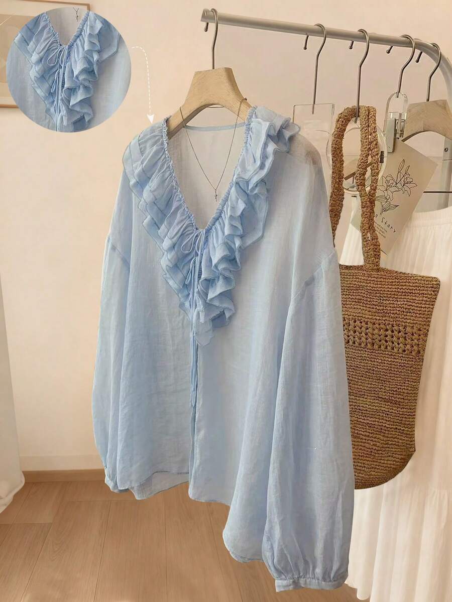 INAWLY Áo cánh dài tay cổ chữ V xếp nếp màu xanh nhạt dành cho nữ - Màu xanh nhạt - Xem 1