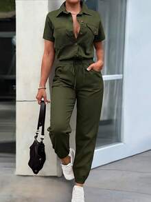 SHEIN PETITE Women's Elegant Button Decor Pocket Loose Fit Cinched Waist Jumpsuit, Spring/Summer - Army Green - View 1