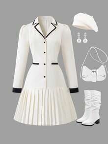 少女撞色饰边纽扣前褶优雅长袖连衣裙 - 白色 - 查看 1