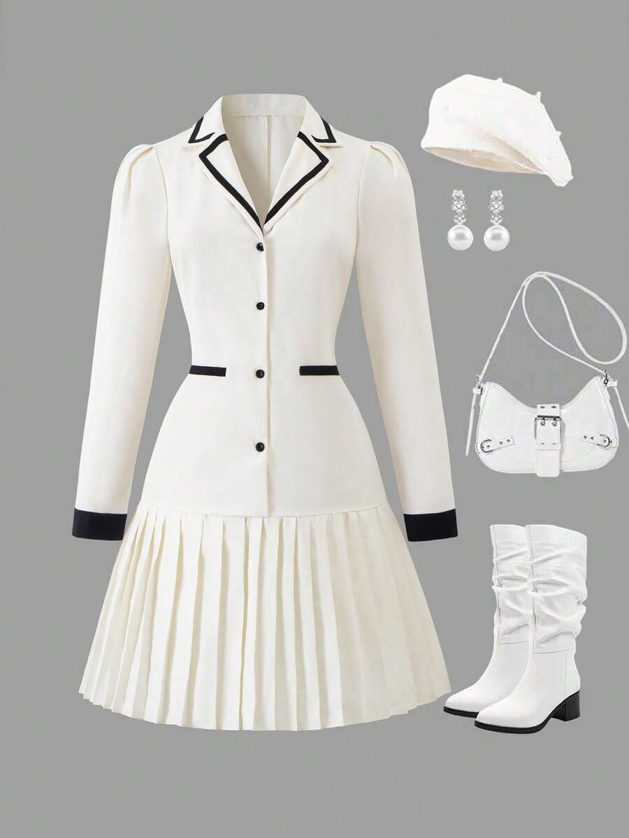 少女撞色饰边纽扣前褶优雅长袖连衣裙 - 白色 - 查看 1