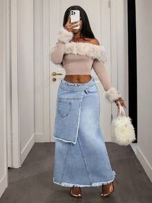 Slaydiva 女士休闲毛边牛仔迷你裙 - 藍色 - 查看 7