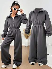 SHEIN 青少年女孩休闲简约保暖内衬户外立领长袖连体裤，秋冬 - 深灰色 - 查看 1