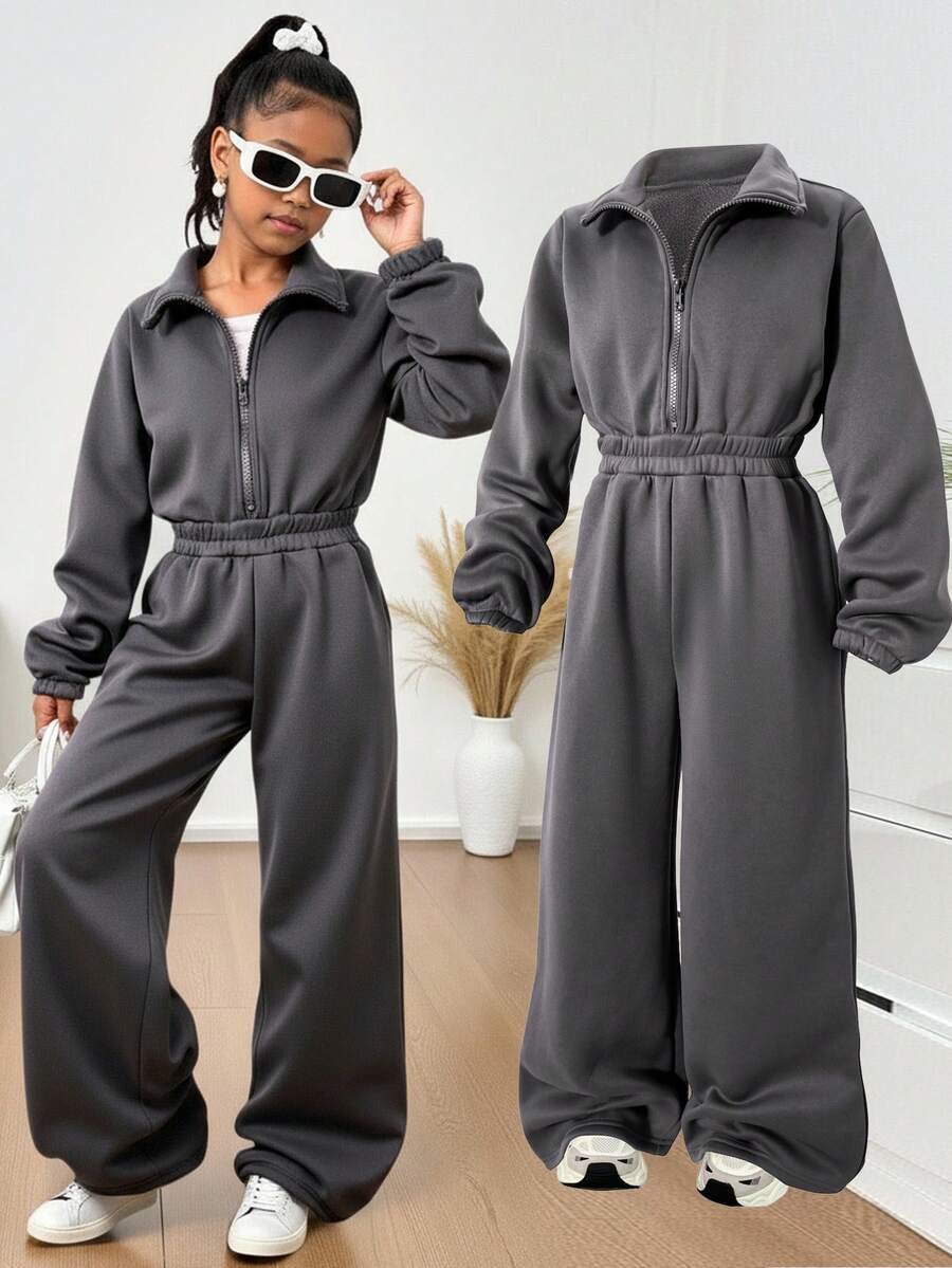 SHEIN 青少年女孩休闲简约保暖内衬户外立领长袖连体裤，秋冬 - 深灰色 - 查看 1