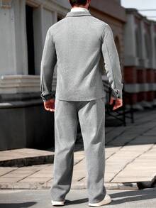 Manfinity Homme 浅灰色粗花呢男士休闲套装，长袖外套搭配带口袋的长裤，灰色休闲西装两件套，冬季休闲套装 - 淺灰色 - 查看 2