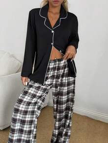 SHEIN Conjunto de pijama a cuadros con botones y cuello para mujer, ropa de otoño e invierno