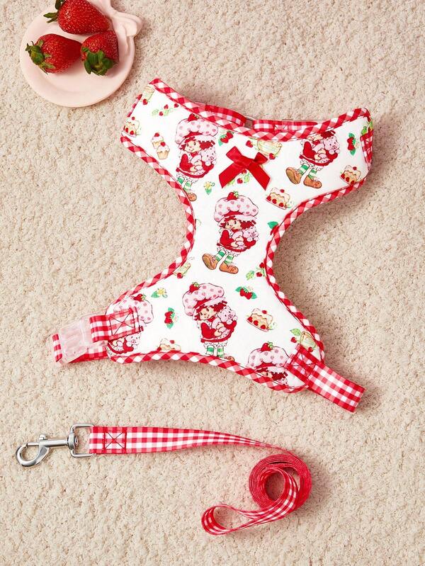 Strawberry Shortcake X SHEIN 1 zestaw szelek i smyczy dla zwierząt z kreskówkowym wzorem, dostępne w różnych rozmiarach, regulowana długość szelek, odpowiednie dla kotów i psów, wzory: kokarda, truskawka, kot, kwiaty, kratka, dżem, ciasto
