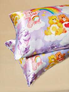 SHEIN X Care Bears 2 件可爱卡通图案枕套，紫色/粉色，缎纹面料，舒适凉爽，彩虹、云朵、泰迪熊印花 - 彩色 - 查看 8