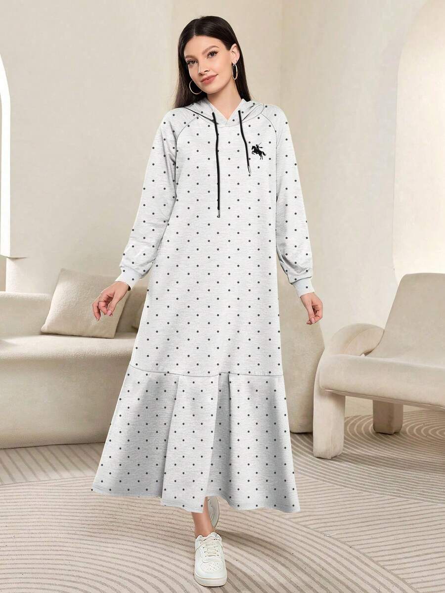 Modelyn 简约马匹图案印花连帽波点插肩长袖连衣裙,适合春秋季穿着 - 彩色 - 查看 1