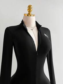 Elamini Women's Black Stand Collar Jumpsuit With Logo, Elastic Fitted Slimming Design, Front Zipper, Elegant & Sexy European Style - Black - View 3