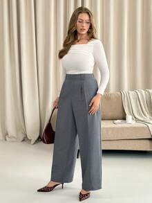 Vionelle Plus Size Women Elegant Plain Grey Floral Print Wide Leg Pants High Waist Office Everyday Autumn Pants,Oversized Tall Loose Pants - Dark Grey - View 6