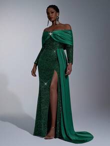 Glamrae Vestido de noche formal de lujo con hombros descubiertos, cuello romántico verde, decoración de diamantes, mangas largas, lentejuelas, abertura alta y bajo de sirena con drapeado lateral para tallas grandes