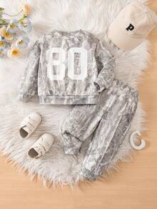 SHEIN 2pcs Baby Girl Cute Grey Printed Long Sleeve Sweatshirt And Elastic Waist Pants Set, Autumn/Winter - Multicolor - View 3