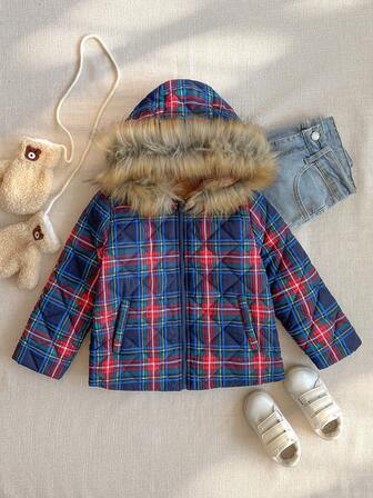 PrepCrw 1pc Young Boys Elegant Urban Versatile Comfortable Fleece Lined Warm Christmas Red & Green Plaid Diamond Pattern Hooded Loose Padded Coat, Suitable For Casual, Outings, Gatherings, Christmas, Autumn, Winter Kids Winter Coat Toddler Boy Winter Coat Boys Winter Coats Plaid Winter Coat Toddler Winter Coat,Holiday ,Christmas