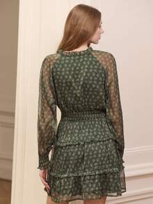 lacRébo Váy ngắn in hoa lãng mạn có chi tiết xếp nếp cho nữ mùa thu Váy mùa thu Quần áo mùa thu cho nữ mùa thu Đông - Màu xanh lá cây đậm - Xem 3