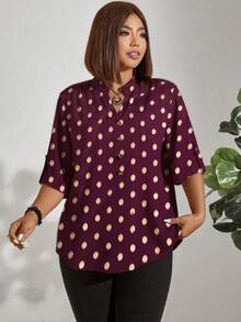 EMERY ROSE Plus Size Summer Casual Gold Dot Print Notched Neck Shirt - Red - View 5