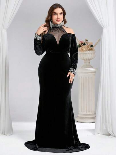 Coutiva Plus Size Women's Formal Dress With Mesh Patchwork, Rhinestone Decor, Off-Shoulder, Elegant Evening Gown