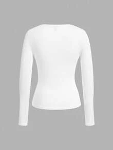 SHEIN EZwear Bộ 3 áo thun dài tay bó sát cổ chữ V sâu cho nữ, màu trắng - trắng - Xem 4