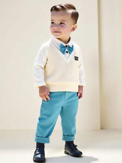 SHEIN 2pcs Baby Boy Cute Preppy Gentleman Style 2 In 1 Colorblock Knit Long Sleeve Polo Shirt With Bowknot + Casual Solid Color Elastic Waist Pants Set, Suitable For Spring/Autumn, Birthday Party, Wedding, Christening, 1st Birthday, Daily Wear