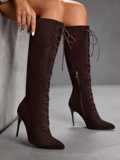 CUCCOO SZL Pointed Toe Lace-Up Thigh High Fashion Boots For Women