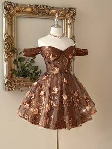 Lovelzi Váy peplum chữ A hở vai, chất liệu voan thêu hoa 3D, kiểu dáng thanh lịch, lãng mạn, dễ thương, màu xanh lá cây, sang trọng, thích hợp cho tiệc tốt nghiệp, đám cưới, sinh nhật, tiệc người lớn, tiệc độc thân, tiệc dạ tiệc trang trọng - màu nâu - Xem 5