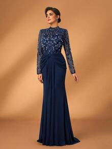 Serin فستان ماكسي مطرز بالخرز والترتر بأكمام طويلة شفافة، مصنوع من قماش مضغوط مطاطي بتصميم ذيل حورية البحر، مناسب للحفلات الراقية والزفاف وحفلات الاستقبال والسهرات الرسمية (مزخرف بشكل كبير) - أزرق بحري - مشاهدة 6