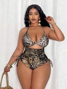 Slaydiva Plus Size Women Random Leopard Print Triangle Top And Tie Side Bottoms One Piece Swimsuit, Vacation Beach For Summer - Brown - View 3